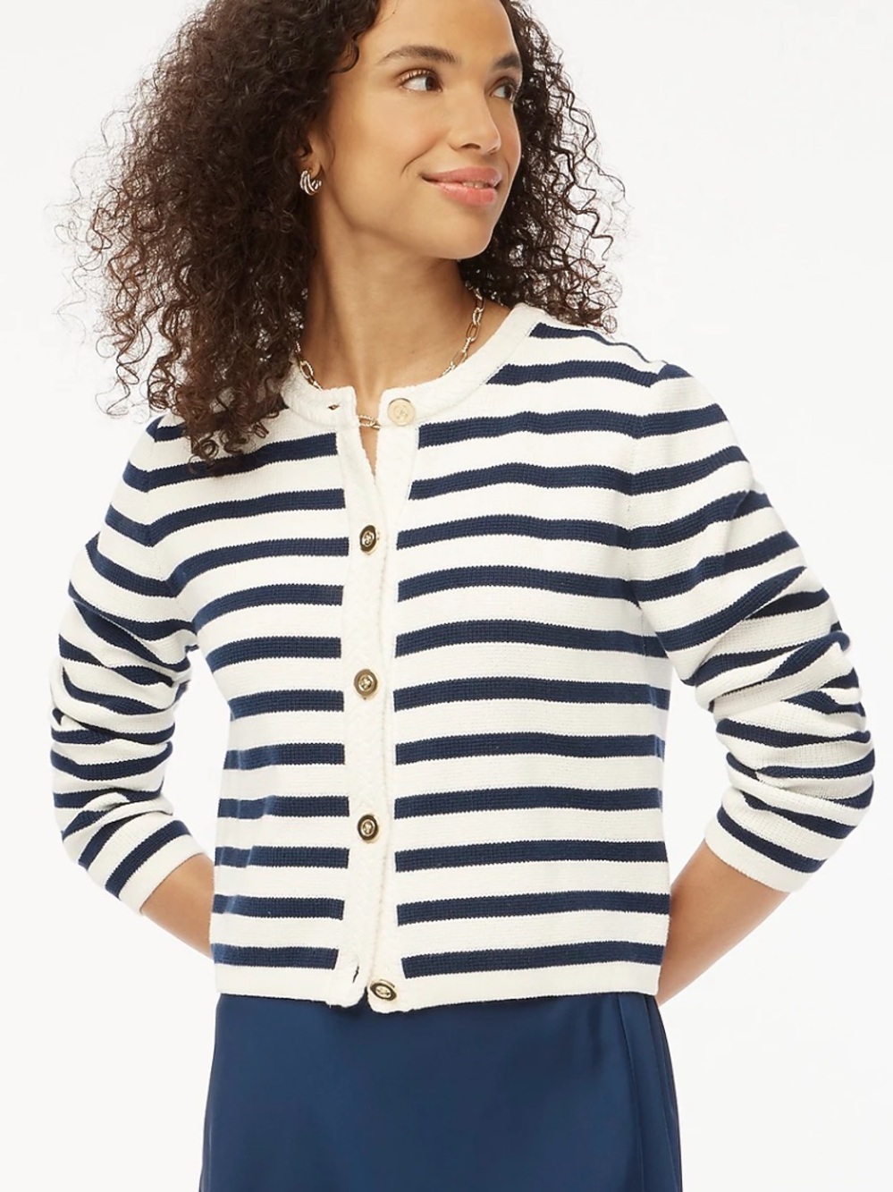 J. Crew Navy and White Striped Button-Front Sweater